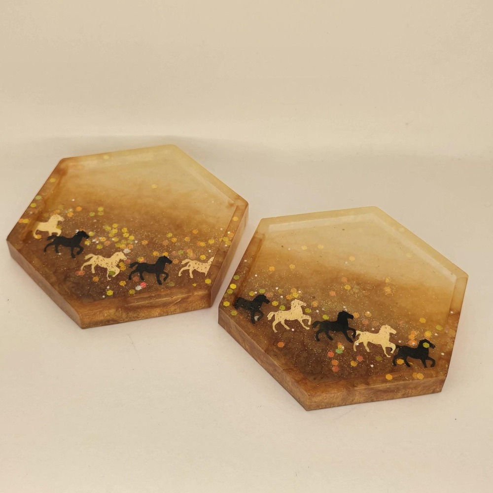 Horses Hexagon w/ Pads Coaster Trinket Tray Set Glitter Gold Ombre Amber Brown - Picture 2 of 12
